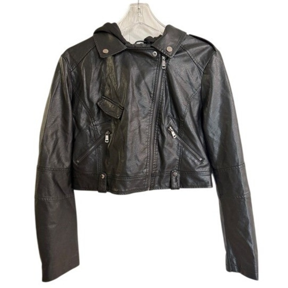 LA Coalition Retro Moto Jacket Y2K Hooded Biker Jacket Black Streetwear Large